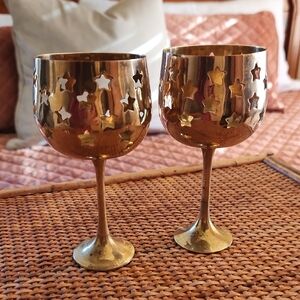 Vintage Hosley Golden Brass Star Cutout Goblets Votive Candle Holders, Set Of 2